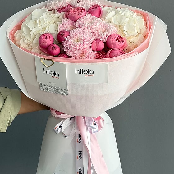 Hydrangea, Pink Spray Rose and Chrysanthemum Bouquet – Pure Magic