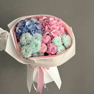 Şakayık, Ortanca ve Krizantem – Pastel Düş — hazırlanan buket fotoğrafı 4