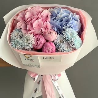 Şakayık, Ortanca ve Krizantem – Pastel Düş — hazırlanan buket fotoğrafı 5